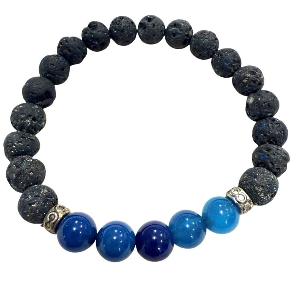 NWOT Etsy Blue Agate Gemstone Black Lava Stone Stretch Beaded Bracelet